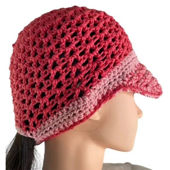 Crochet Baseball Cap Ponytail Hat Breathable Pattern Pink Adult Size Handmade - Picture 3 of 8